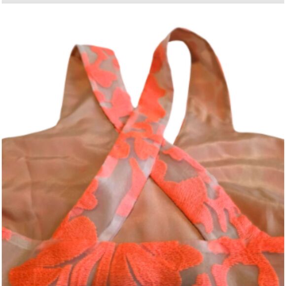 CROSBY by Mollie Burch Dress Cross Back Nude Sheer Lace Neon Pink/Orange Zipper - Picture 2 of 6